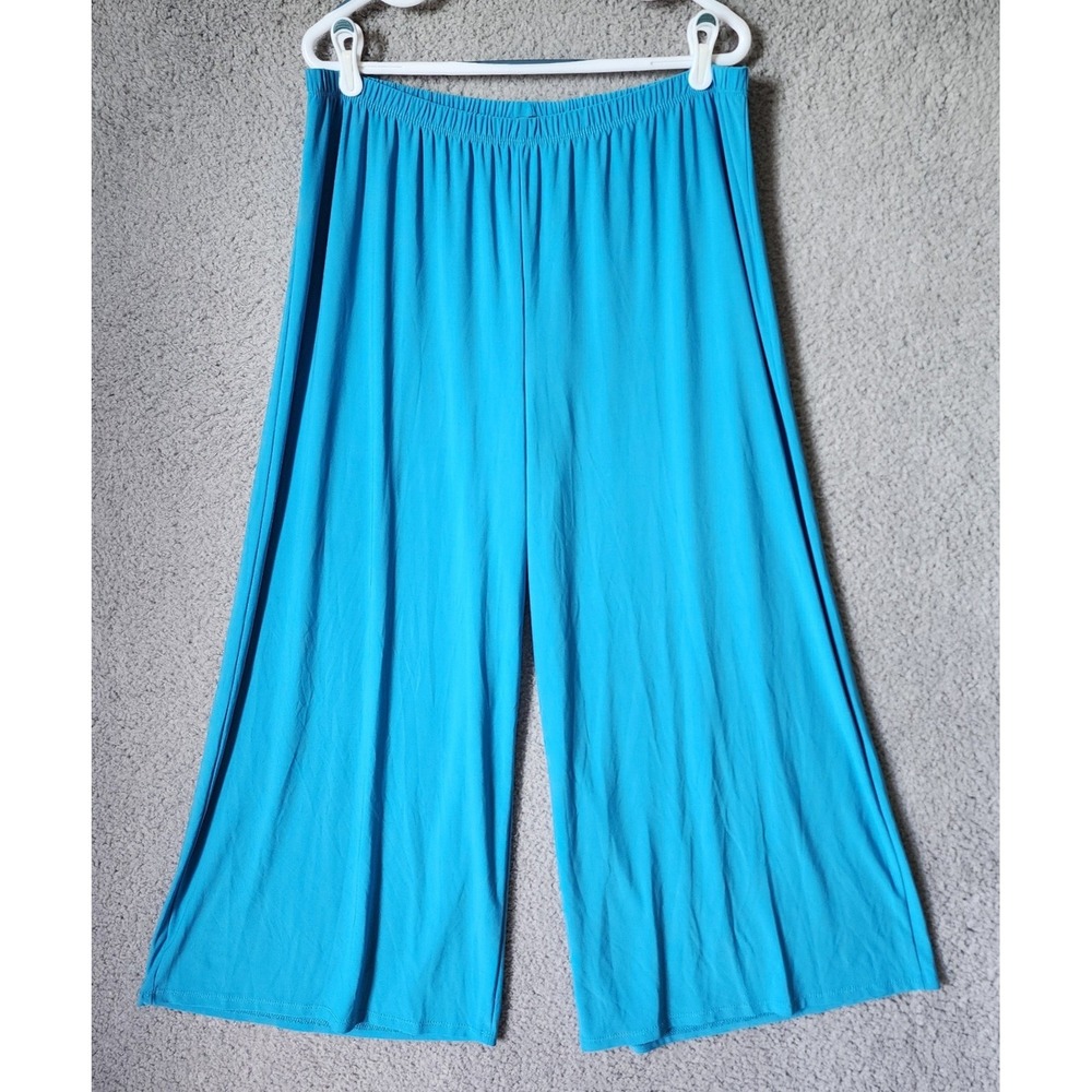 Slinky‎ Brand Wide Leg Pants Women 1X Turquoise Blue Elastic Waist High Rise